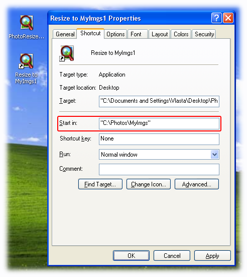 Set the output folder in shortcut's properties window. Configure PhotoResizer output folder